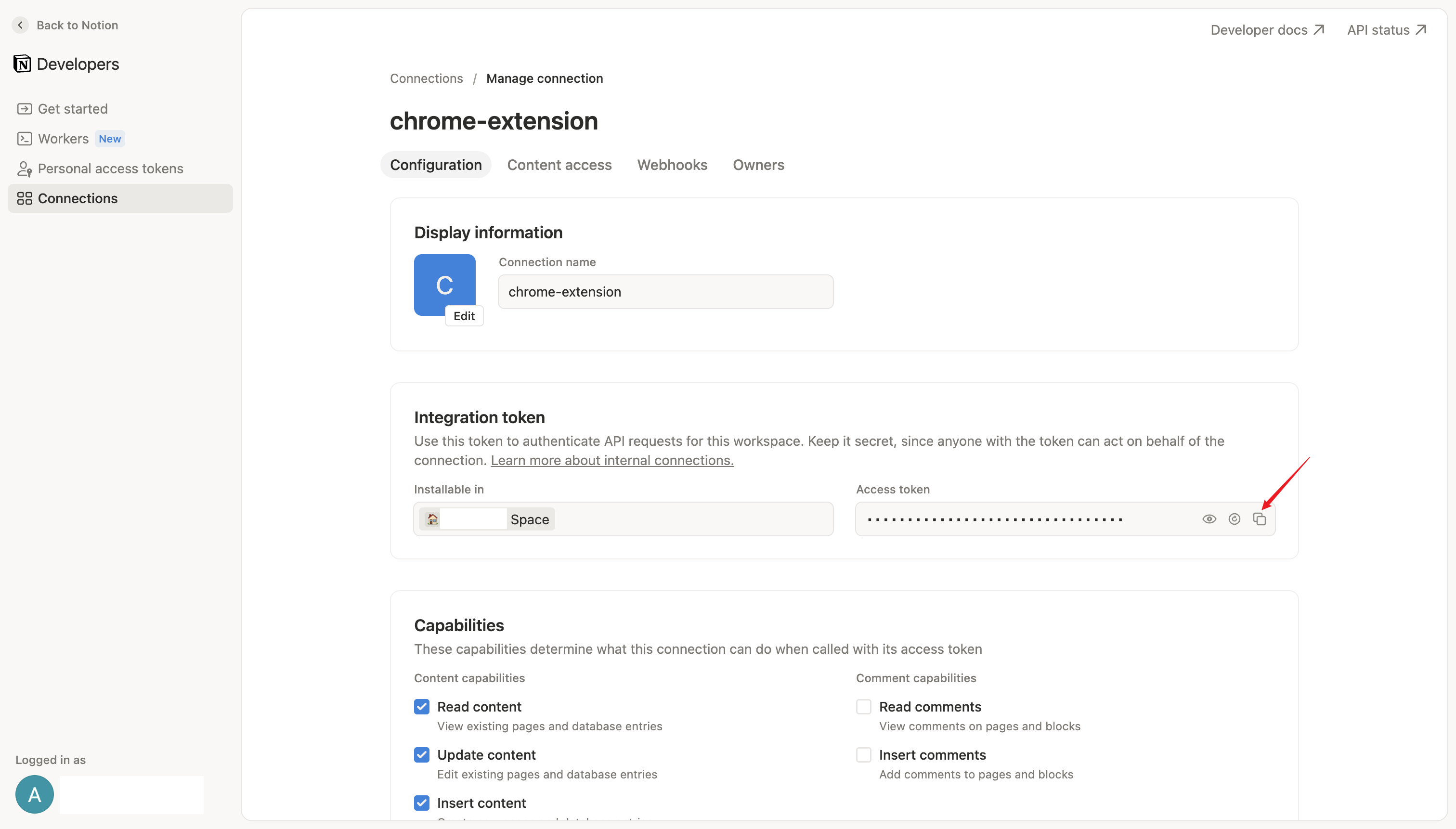 Copy Internal Integration Token